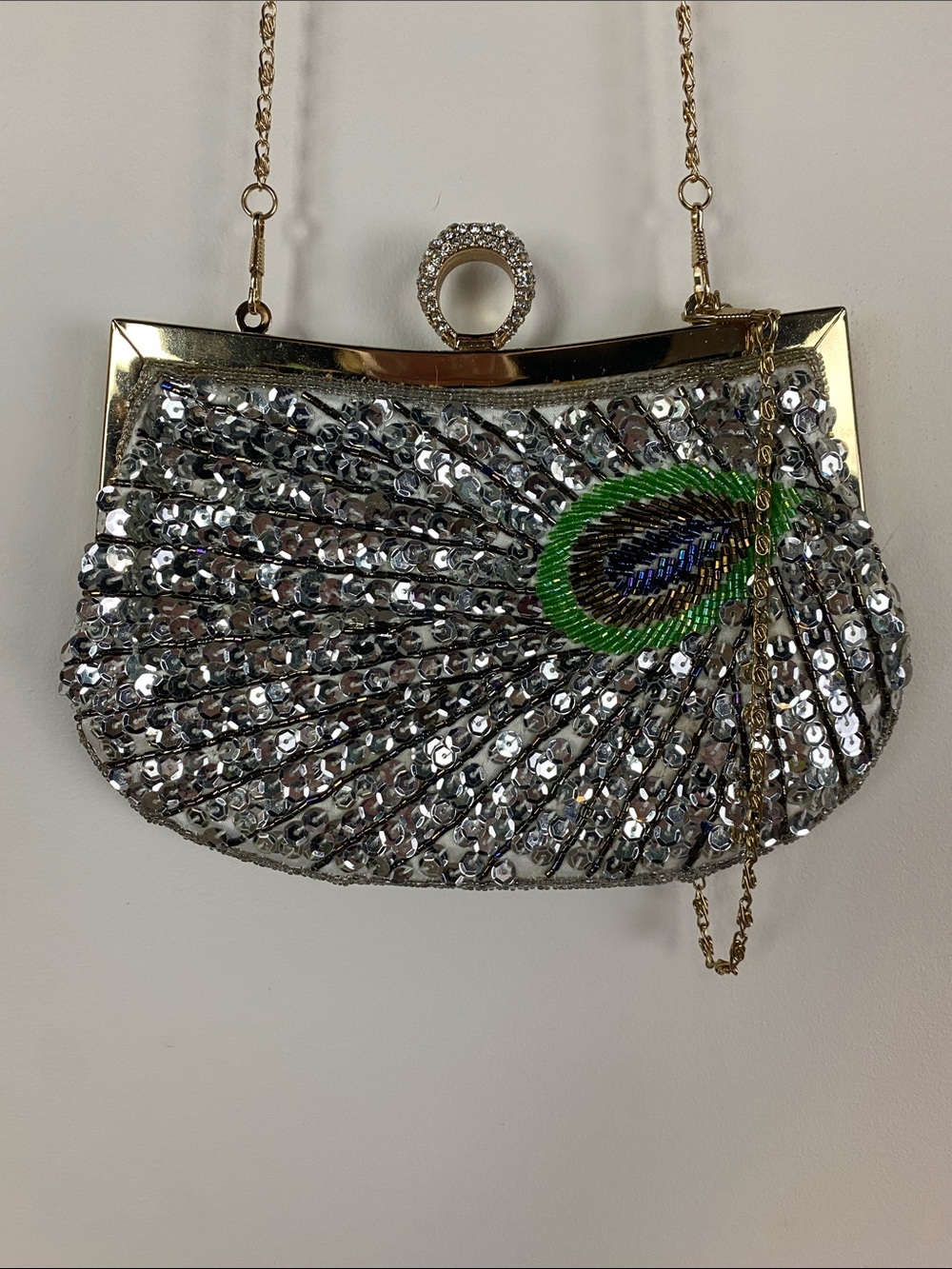 Sequin Peacock Accent Evening Clutch - Silver